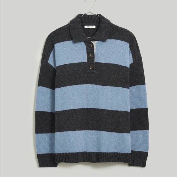 Madewell Women’s Wool Blend Blue and Black Rugby Striped Sweater, Large - Picture 2 of 16